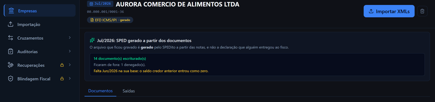 O mesmo cartão depois do clique: Jul/2026 SPED gerado a partir dos documentos, 14 documentos escriturados, 1 denegado fora, e a linha do saldo credor anterior